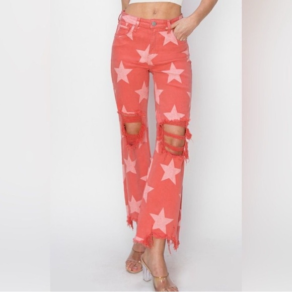 NWT Risen Jeans in Peach Pink Denim White Star Print Women’s Size 11/30 - Picture 2 of 15